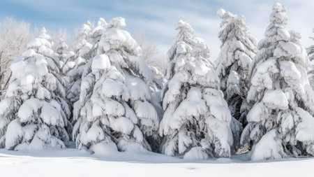 Generative AI : An amazingly beautiful fairytale panorama of the nature of a winter forest with shaggy snowcovered firs deep snowdrifts and light snowfallの素材