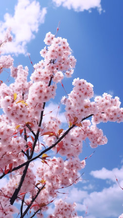 Generative AI : Pink branches of a blossoming cherry in the spring against a blue turquoise sky with clouds Spring background with flowers on sakura branchesの素材