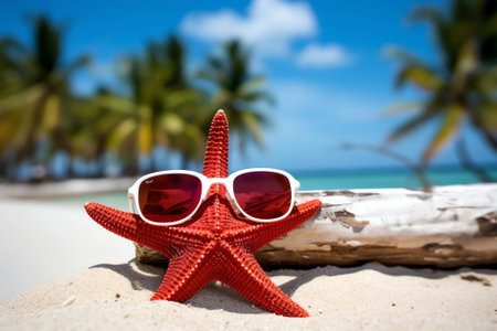 Generative AI : Concept of summer beach holiday Beach accessories sunglasses starfish yellow flipflops under palm leaf on sandy tropical beach against blue sky with clouds on brighの素材