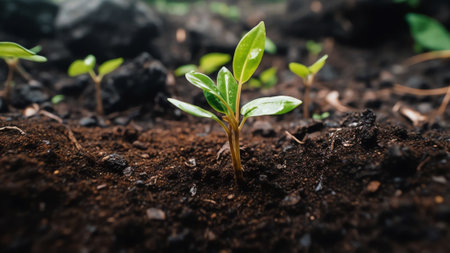 Generative AI : Juicy leaves with water drops Beautiful Fresh green young seedlings of sweet pepper plants in a brown soil is top view is closeup There is room for textの素材