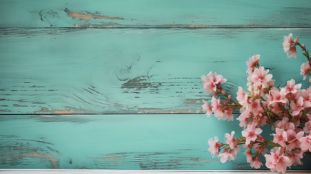 Generative AI : Light wooden background template with a green border of a decorative flowering plant top view Wooden plank boards with old texture and leaves of a plant with pink aの素材