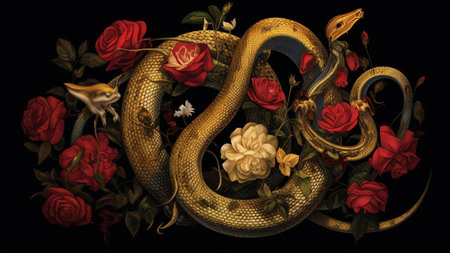 Generative AI : Chestnut and wild rose concept for advertising Chestnut and wild rose in the form of snakes Confronting snakes Chestnut and wild rose on a dark background vintageの素材