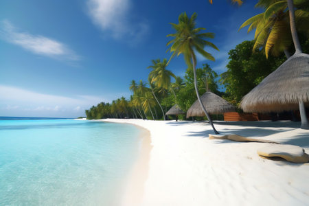 Generative AI : Bright tropical landscape with beautiful palm trees turquoise ocean and blue sky with clouds White sand beach on island in Maldivesの素材