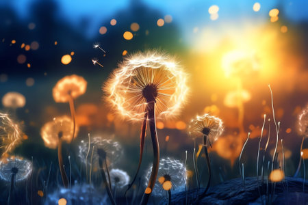 Generative AI : Easy air glowing dandelions in the grass in the summer sun at dawn morning outdoors closeup macro on a blue and gold background Romantic dreamy artistic image Desktの素材