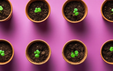 Generative AI : Fresh green young seedlings of sweet pepper plants in a brown soil is located in beautiful geometric order the top view is closeupの素材