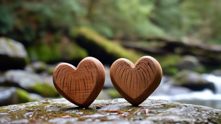 Generative AI : Two hearts in wooden toy boat on a dark brown board wood texture of and an inscription love Idea for concept design background wallpapers card for Valentines Day biの素材
