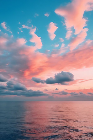 Generative AI : Beautiful colorful evening sunset sky over sea in blue and pink tonesの素材