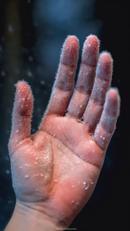 Generative AI : Christmas concept on light blue background winter Female hands in light knitted mittens in open palms they keep a fir cone and red berries against a background of fの素材