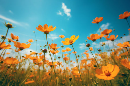 Generative AI : Bright decorative orange flowers of Jerusalem artichoke against blue sky with cloud in spring or warm summer on nature Panoramic landscape beautiful artistic imageの素材