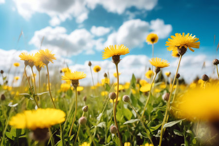 Generative AI : Many yellow dandelion flowers on meadow in nature in summer closeup macro against a blue sky with clouds Bright summer landscape panorama colorful artistic image ulの素材