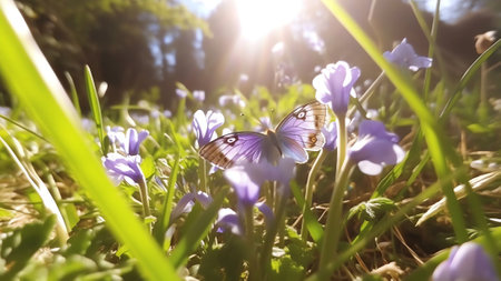 Generative AI : Small wild purple flowers in grass and two yellow butterflies soaring in nature in rays of sunlight closeup Spring summer natural landscapeの素材