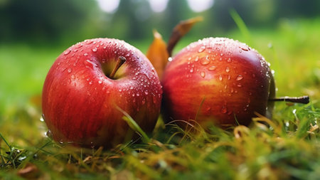Generative AI : Two beautiful juicy ripe ruddy apples on branch c drops of dew water in green foliage closeup on natureの素材