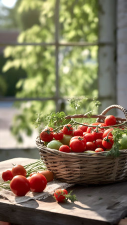 Generative AI : Many juicy fresh tomatoes and red sweet bell pepper with water drops in a basket closeup macro on green grass in nature top view copy spaceの素材
