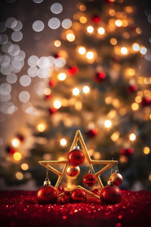 Generative AI : Christmas decorative composition with red stars on a Christmas tree garland and lights in light tones closeup soft focus copy spaceの素材