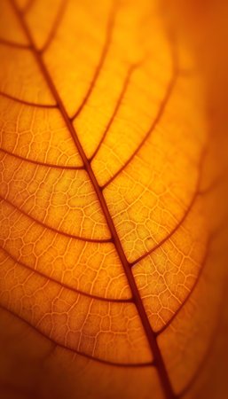 Generative AI : Texture of autumn orange leaf macro with a beautiful symmetrical pattern of veins Bright autumnal backgroundの素材