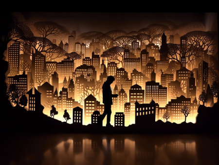 Generative AI : Paper city at night in the light of a lantern with shadow closeup macro City from paperの素材
