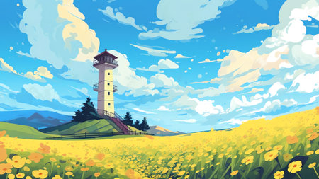 Generative AI : Beautiful bright colorful natural rural panoramic landscape with yellow rapeseed field and beehives against a blue sky with clouds on sunny spring summer dayの素材