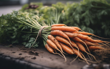 Generative AI : A pile of fresh beautiful unwashed carrots with leaves on the ground The concept of a rich fall harvestの素材