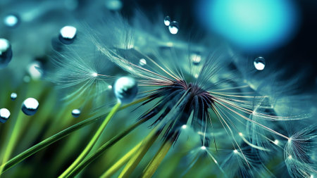 Generative AI : Beautiful abstract blue background on a mirror surface of the seeds of dandelion flowers with reflection closeup macro with sparkling water drops rain dew Colorfulの素材