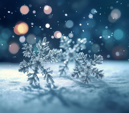 Generative AI : Beautiful decorative snowflakes in the snow against a blue natural background with falling snow Christmas winter background for designの素材