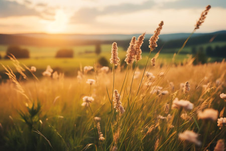 Generative AI : Beautiful natural panoramic countryside landscape Blooming wild high grass in nature at sunset warm summer Pastoral scenery Selective focusing on foregroundの素材