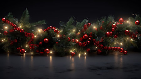 Generative AI : Christmas decorative composition with red stars on a Christmas tree garland and lights in darkt tones closeup soft focusの素材