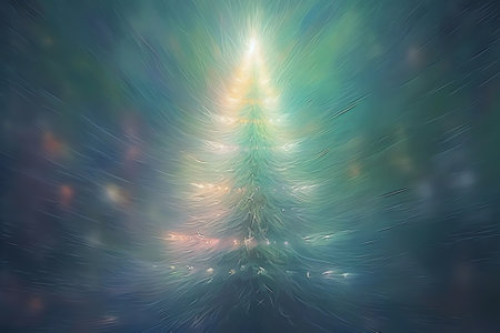 Generative AI : Creative layout Concept for Christmas Beautiful Christmas tree of feathers on aurora polaris background under snowfall Colorful bright artistic image blue and greenの素材