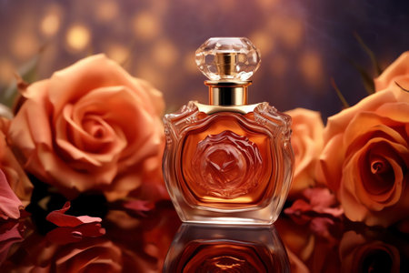 Generative AI : Drop oil perfume rose fall in glass bottle with beautiful orange rose flower on a green background closeup macro The idea for the cosmetic ethereal oils delicate coの素材