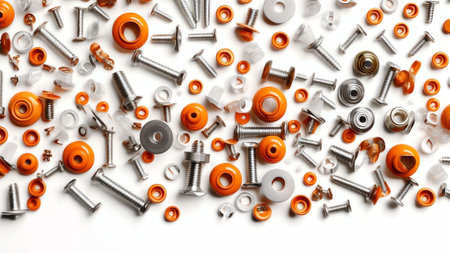 Generative AI : Many metallic screw heads nuts rivets isolated on white background closeup macro color copper and silver isolated on white backgroundの素材