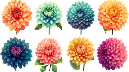 Generative AI : Flowers set of six white dahlias with different various perspective isolated on white background Ornamental garden plant flower dahlias closeup macroの素材