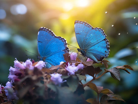 Generative AI : Two blue butterflies Polyommatus icarus in nature outdoors Butterflies on a spring summer meadow in sunlight in lush grass macroの素材