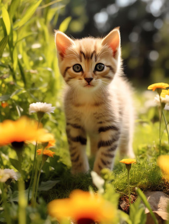 Generative AI : Cute fluffy kitten looks through yellow flowers in garden among greenery Small striped kitten in nature outdoors Soft selective focusingの素材