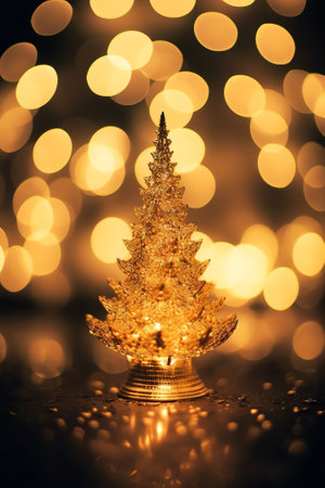 Generative AI : Christmas tree decorated with Golden balls toys on a blurred gold sparkling and fabulous fairy background with beautiful bokeh copy spaceの素材