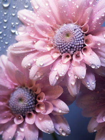 Generative AI : Transparent beautiful water droplets on petals of a pink chrysanthemum flower in spring summer nature in open air closeup macro Gentle delicate airy image in pastelの素材
