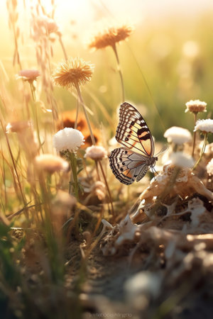 Generative AI : Wild flowers of clover and butterfly in a meadow in nature in the rays of sunlight in summer in the spring closeup of a macro A picturesque colorful artistic imageの素材