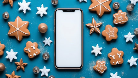 Generative AI : Christmas composition with ginger biscuits on a blue wooden background Plate with gingerbread men cookie and gift boxes on a table with a copy spaceの素材