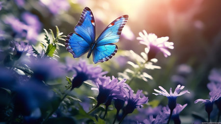 Generative AI : Beautiful spring background with blue butterfly in flight and flowers anemones in forest on nature Delicate elegant dreamy airy artistic image harmony of natureの素材