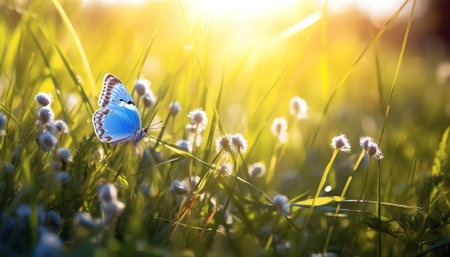 Generative AI : Panoramic banner with spring image border of branches of fresh young greenfoliage and orange butterfly in rays morning sun outdoors in nature Selective soft focusの素材