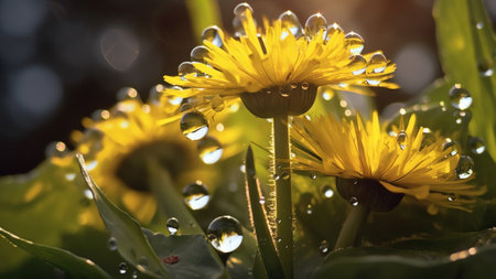 Generative AI : Rain drop dew water on a dandelion seed in the wind with reflection of flowers daisies on a meadow outdoors spring macro summer with soft focus Amazing delicate freの素材