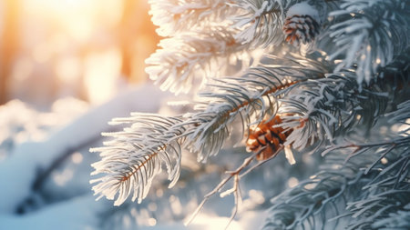 Generative AI : Merry Christmas and happy New Year greeting card background Winter landscape snowdrift Christmas tree branches spruce forest under the snow in the morning toned bluの素材