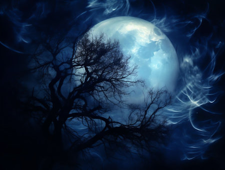 Generative AI : Night dark sky with full moon and branches toned blue Tree branches in the moonlight on a blue backgroundの素材