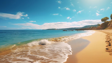 Generative AI : Panoramic beautiful seascape of the Mediterranean coast The waves of the turquoise sea roll onto the sandy golden beach against the backdrop of the peninsula and moの素材