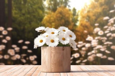 Generative AI : Spring fresh flowers of anemone in color vases in buckets with smale on a white wooden table against background of spring forest on nature outdoors in sunny day witの素材