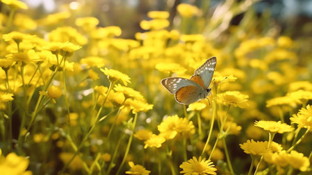 Generative AI : Summer yellow meadow with wildflowers and a fluttering butterfly Natural widescreen sceneryの素材