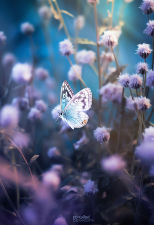 Generative AI : Wild light blue flowers in field and two fluttering butterfly on nature outdoors closeup macro Magic artistic image Toned in blue and purple tonesの素材