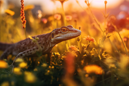 Generative AI : Lizard shadow on green sheet closeup macro Lizard and a flower on a beautiful soft yellow background summer outdoors Very nice stunning artistic image Desktop wallpの素材
