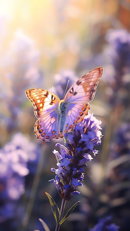 Generative AI : Two lilac butterfly on Lavender flowers in rays of summer sunlight in spring outdoors macro in wildlife soft focus Delightful amazing atmospheric artistic image ofの素材