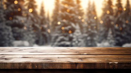 Generative AI : Winter festive New Year background surface of wooden planks with snow cap on light blurred background with Christmas lightsの素材