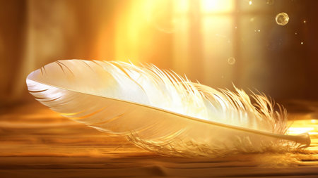 Generative AI : Gold and white bird feather on a dark background in a ray of golden light Bright original glamorous exquisite abstract artistic image Art photoの素材