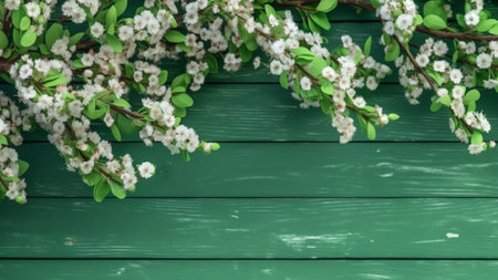 Generative AI : Spring floral background Green border of white forest flowers primrose in nature and old wooden light rustic boards in vintage style Texture of fresh forest greenerの素材